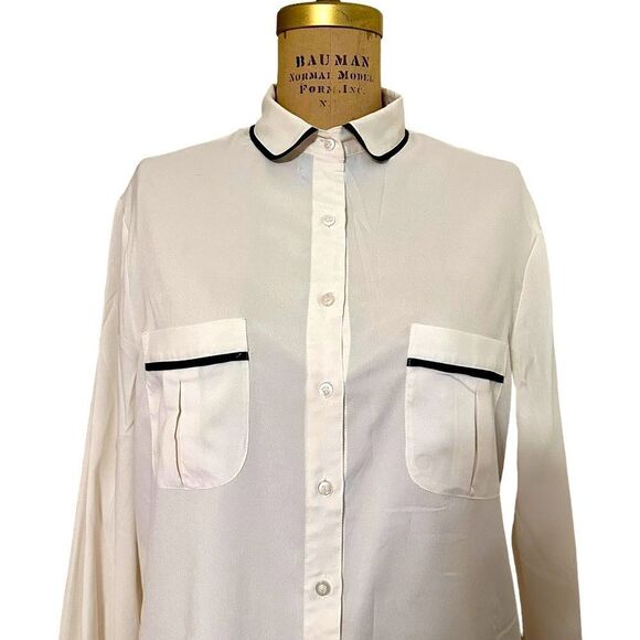 Vintage crepe white with black edging long sleeve button down blouse size 14 - Picture 1 of 9